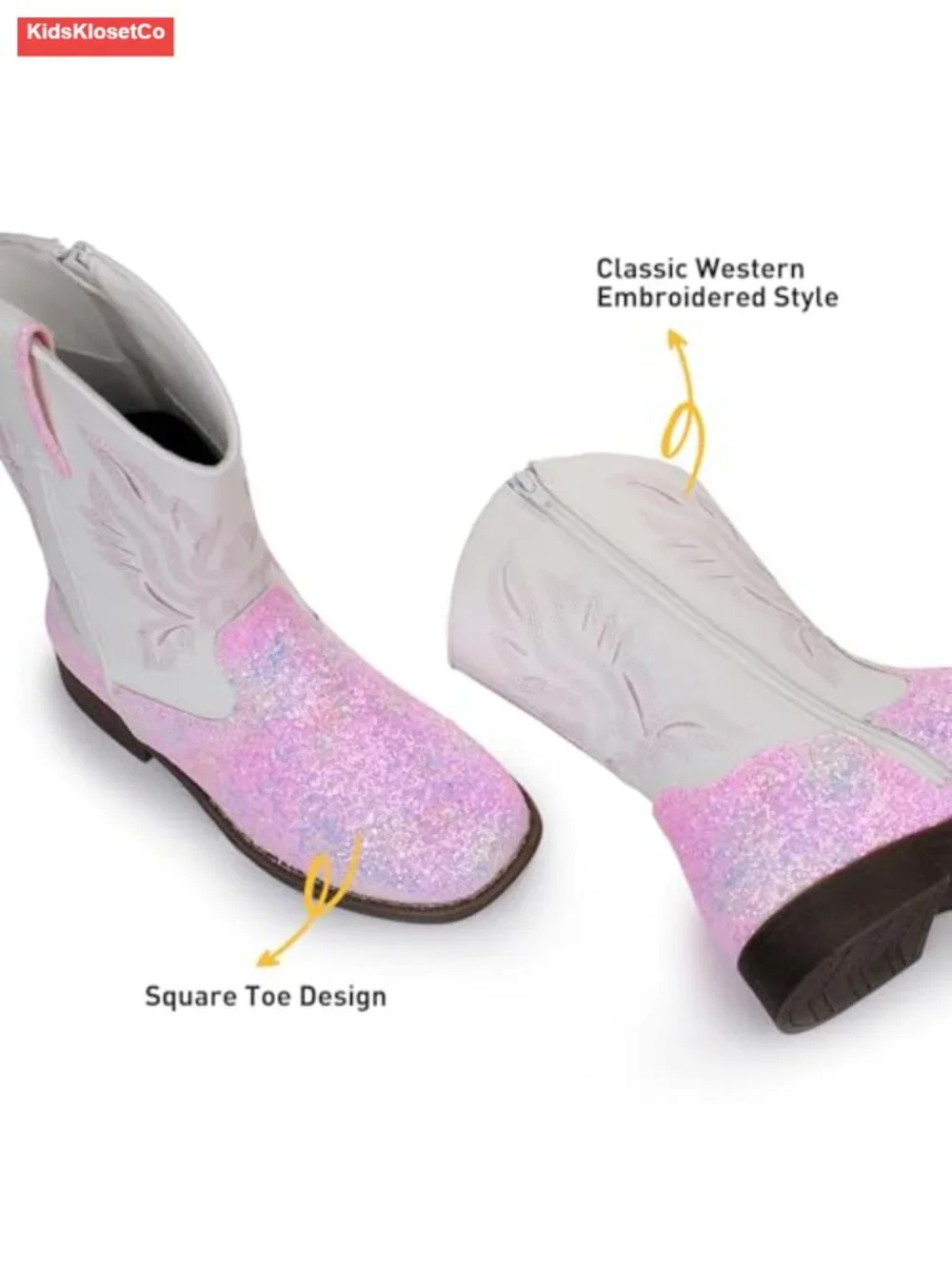 Kids Western Cowboy Boots Square Toe Side Zipper Water Resistant Non-slip